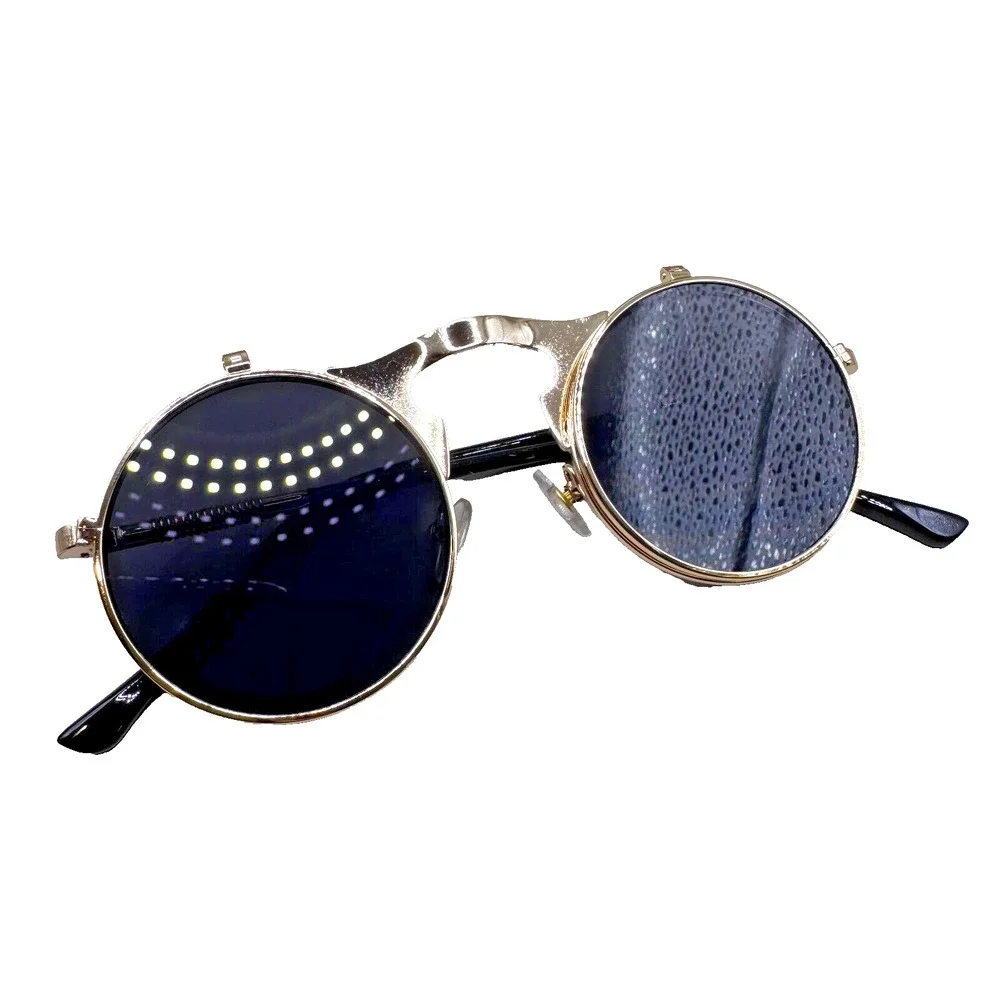 Music Festival Fashion Sunglasses Round Lenses Steampunk Flip-Up Unisex - Black
